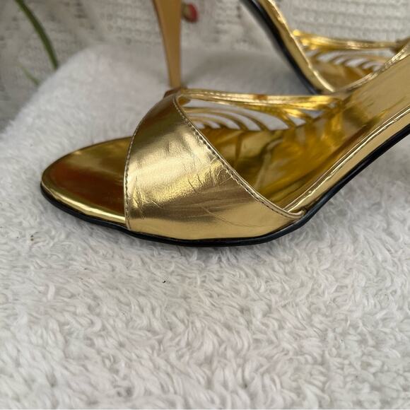 HERSTYLE Gold Metallic Stappy Faux Leather Caressa High Heel Y2K Sandals Sz 10 - Picture 13 of 14